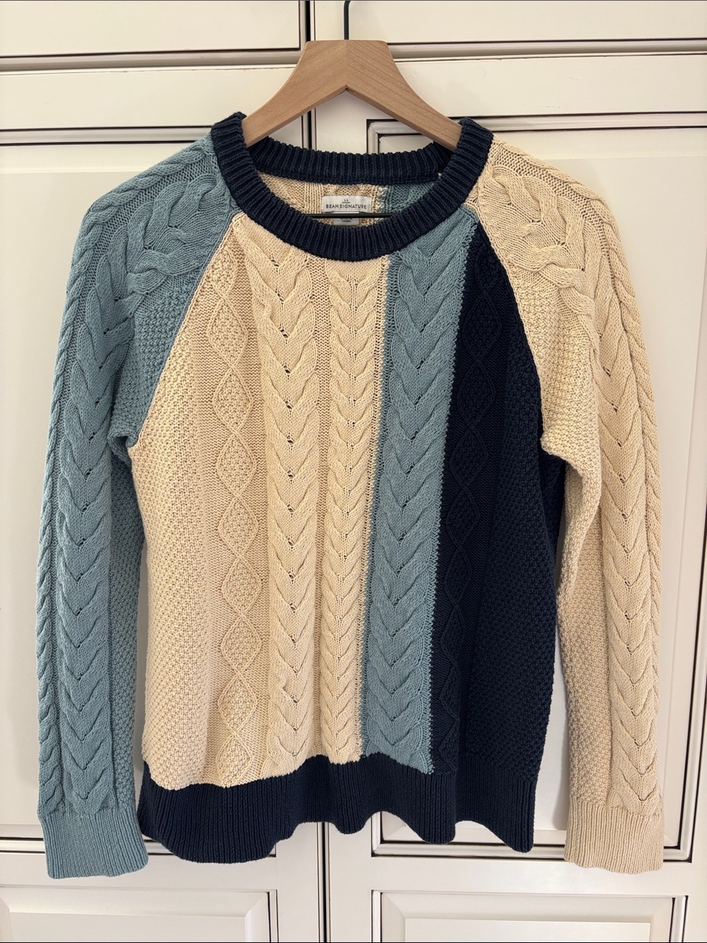 LL Bean Cable Knit Fishermans Sweater Colorblock Cotton Crew Cream Women Medium